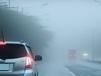 A car driving on a wet road with misty conditions obscuring visibility