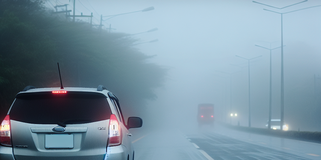 A car driving on a wet road with misty conditions obscuring visibility
