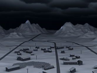 A detailed depiction of a gloomy winter setup with consistently cloudy skies and snow covered environment
