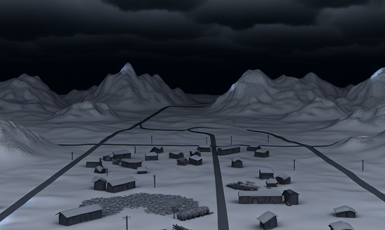 A detailed depiction of a gloomy winter setup with consistently cloudy skies and snow covered environment