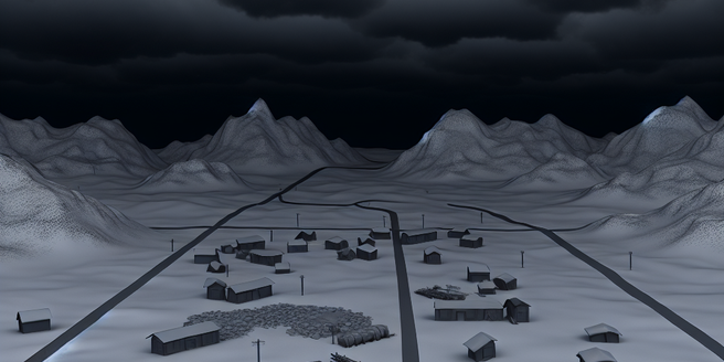 A detailed depiction of a gloomy winter setup with consistently cloudy skies and snow covered environment
