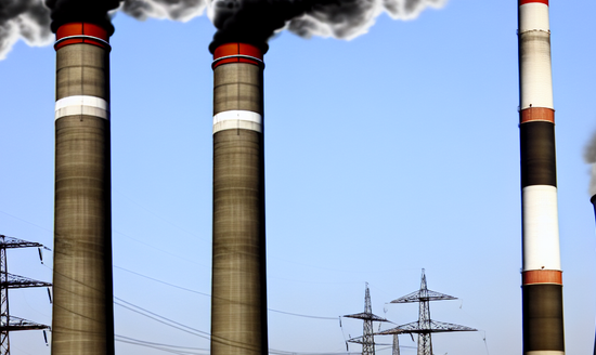 A power plant with huge chimneys releasing smoke, symbolizing the burning of fossil fuels