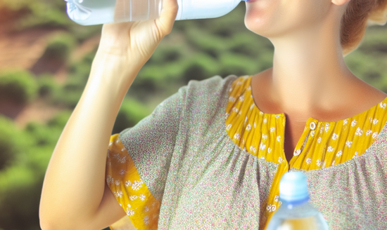 A pregnant woman drinking plenty of water during a hot day