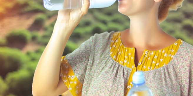 A pregnant woman drinking plenty of water during a hot day