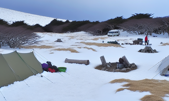 A wide and level campsite covered in snow with shelter from the wind