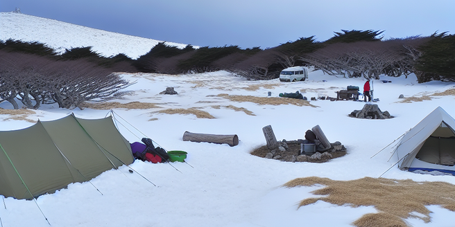 A wide and level campsite covered in snow with shelter from the wind
