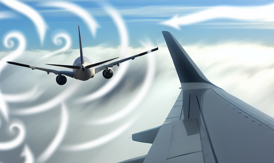 An image of strong winds disturbing an airplane's navigation mid-flight