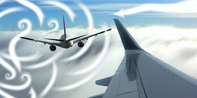 An image of strong winds disturbing an airplane's navigation mid-flight