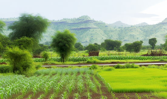 Farm lands flourishing after a monsoon, signifying its impact on agriculture and crop yields