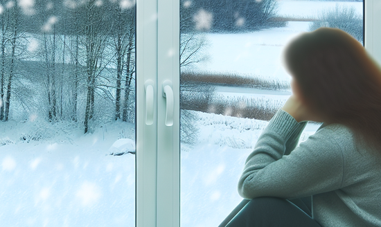 Individual sitting by a window gazing into a snowy landscape, encapsulating the essence of seasonal affective disorder (sad