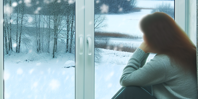 Individual sitting by a window gazing into a snowy landscape, encapsulating the essence of seasonal affective disorder (sad